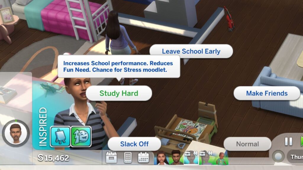 A screenshot from The Sims 4 showing how to make a teen study hard while at school
