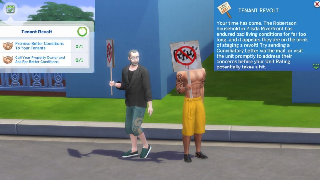 A screenshot from the sims 4 showing a tenant revolt at a rental unit