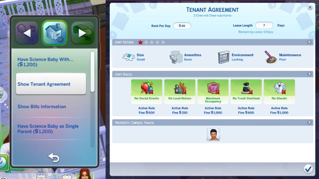 a screenshot from the sims 4 showing unit rules in a tenancy agreement