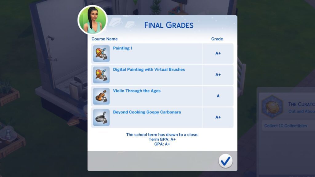 A screenshot from The Sims 4 showing a sim getting all A's in University