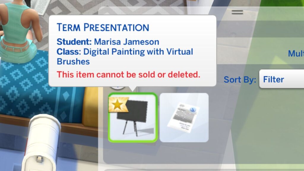 A screenshot from The Sims 4 showing a term presentation in a sim's inventory