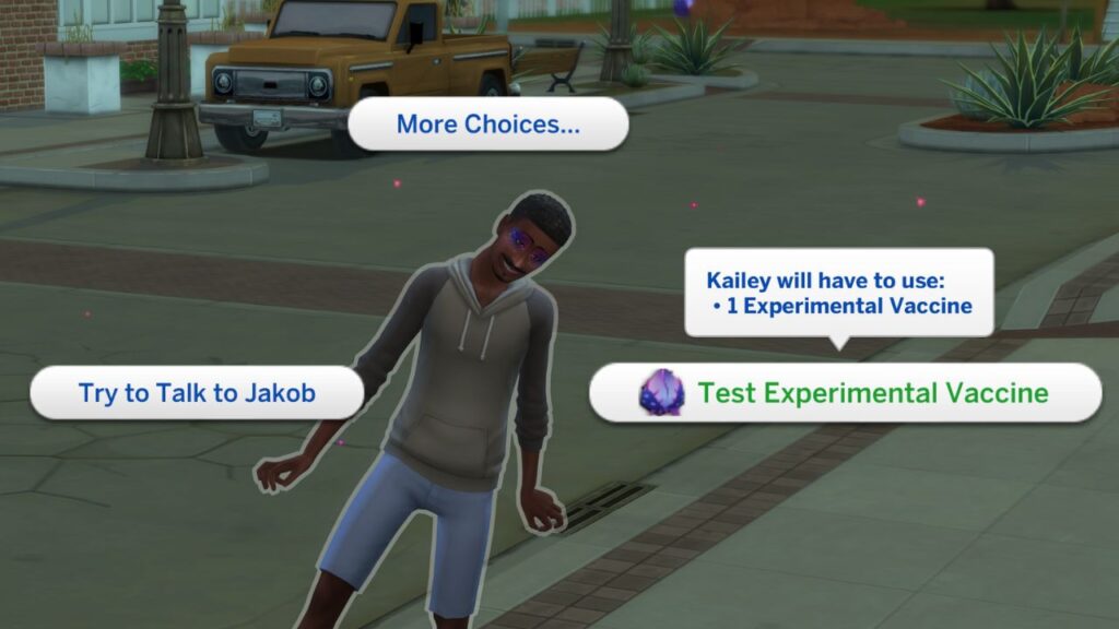 A screenshot from The Sims 4 showing how to test an experimental vaccine on an infected sim 