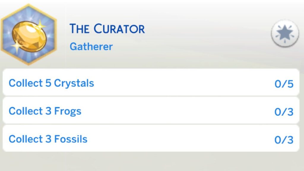 A screenshot from The Sims 4 showing the second stage of the curator aspiration