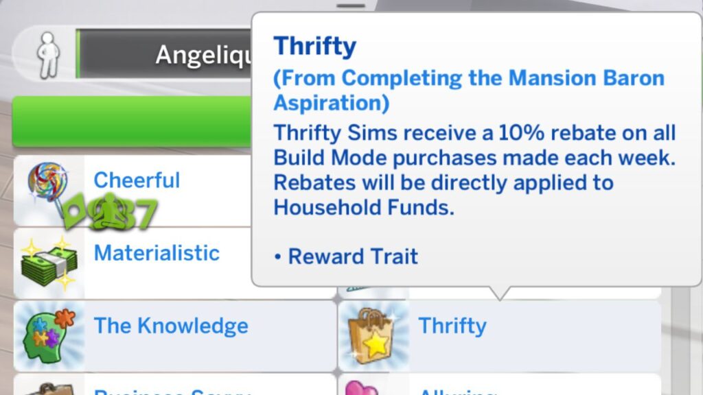 A screenshot from The Sims 4 showing the thrifty reward trait you get from the mansion baron aspiration