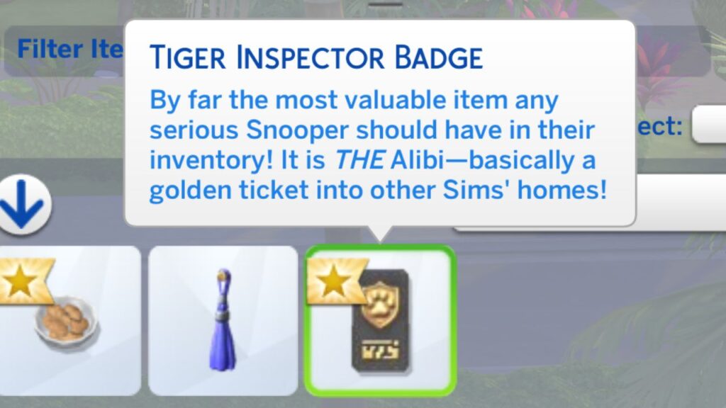 A screenshot from The Sims 4 showing a Tiger Inspector Badge in a sim's inventory