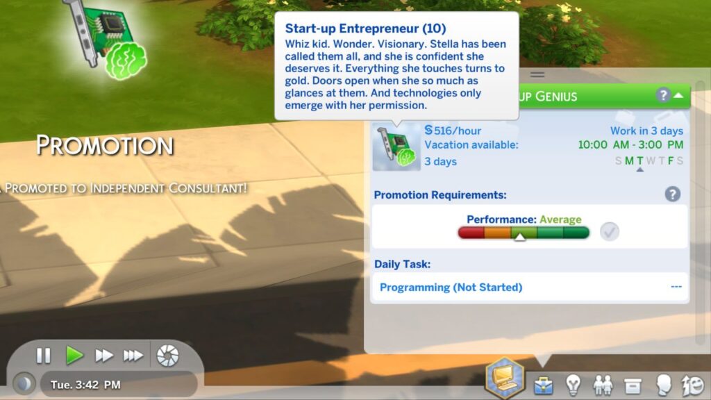 A screenshot from The Sims 4 showing a sim at the top of the tech guru career