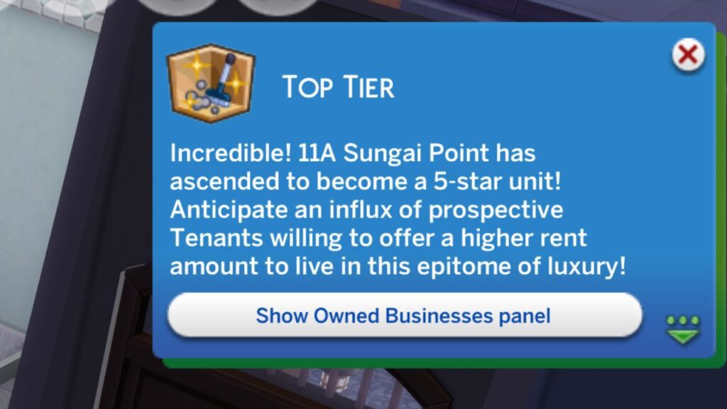 A screenshot from The Sims 4 showing the top tier notification you get when you reach 5 stars on a rental unit