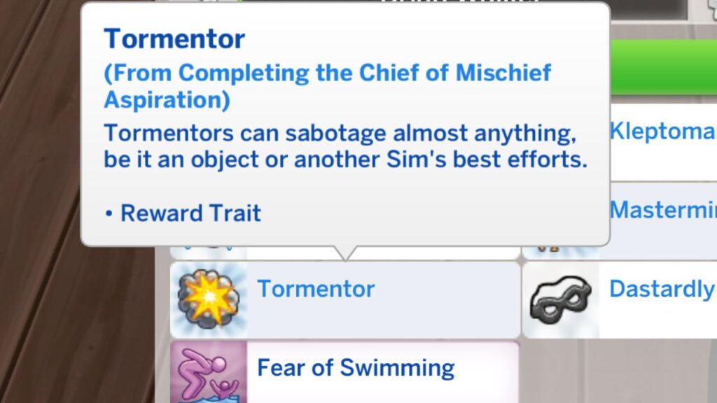 A screenshot from The Sims 4 showing the tormentor reward trait from the chief of mischief aspiration