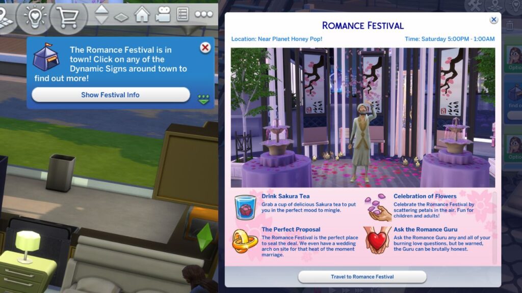 A screenshot from The Sims 4 showing how to travel to the romance festival