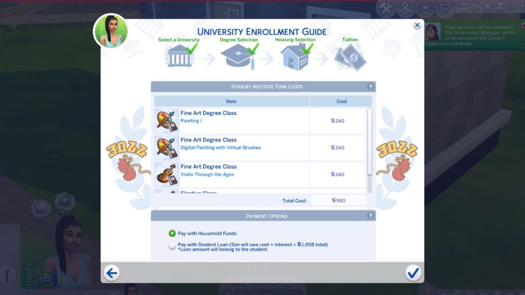A screenshot from The Sims 4 showing the University Enrolment Guide to choose how you will pay tuition
