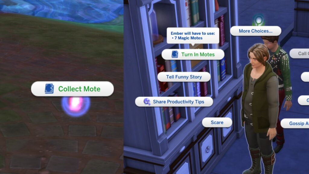 A screenshot from The Sims 4 showing how to collect and turn in motes