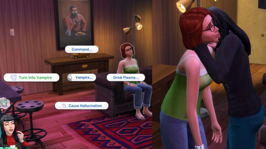 A screenshot from The Sims 4 showing the turn into vampire option a sim biting Eliza Pancakes to convert her into a full grown vampire