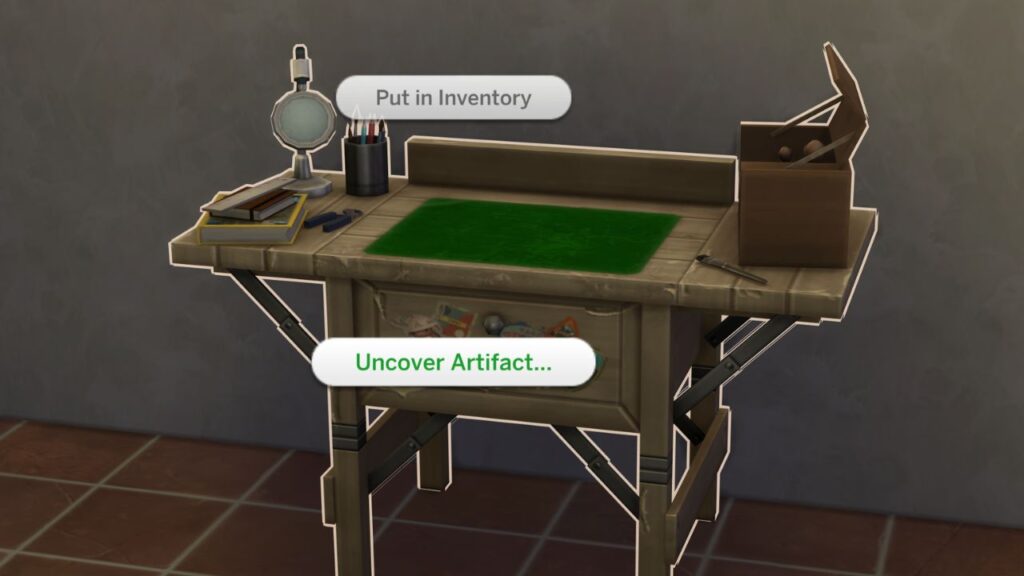 A screenshot from The Sims 4 showing how to uncover an artifact from a dirt clump