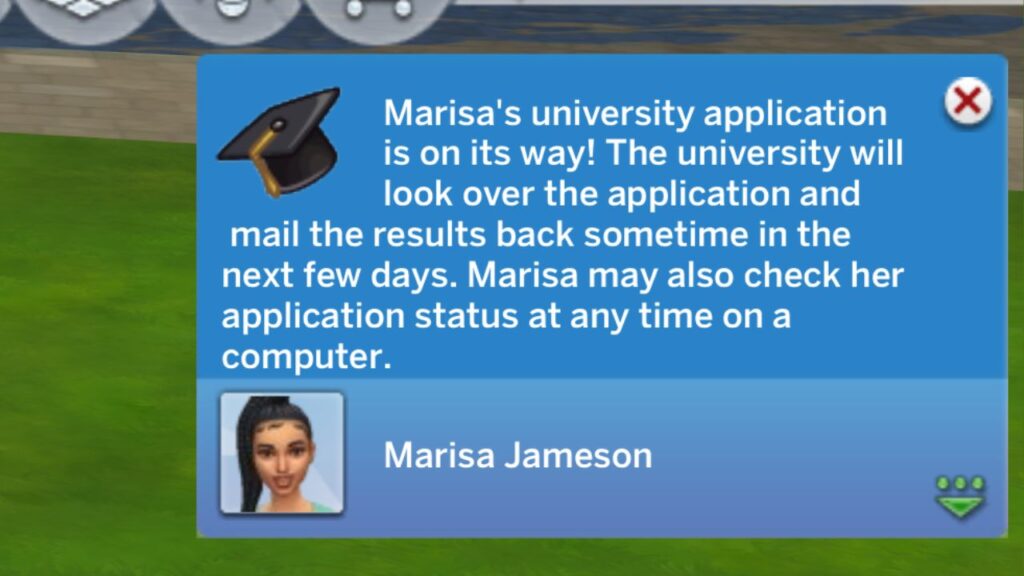 A screenshot from The Sims 4 showing the notification you get after applying to university