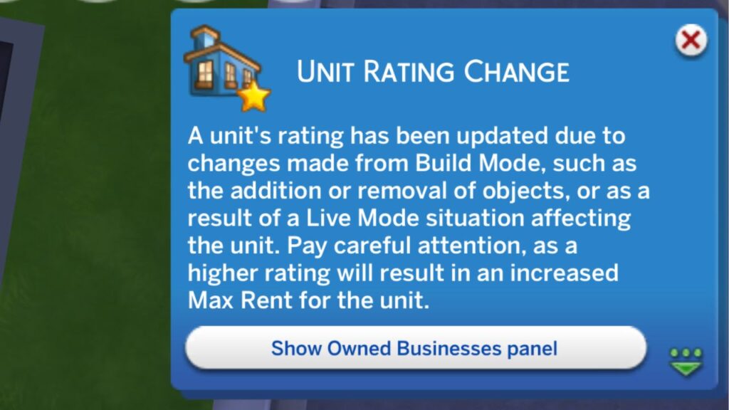 A screenshot from The Sims 4 showing the notification you get when your unit rating changes