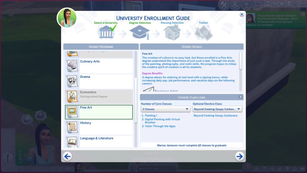 A screenshot from The Sims 4 showing the University Enrolment Guide to choose a degree and classes