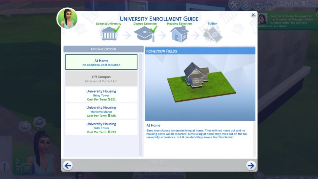 A screenshot from The Sims 4 showing the University Enrolment Guide to choose University housing