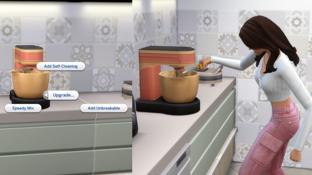 A screenshot from The Sims 4 showing a sim adding the speedy mix upgrade to a stand mixer