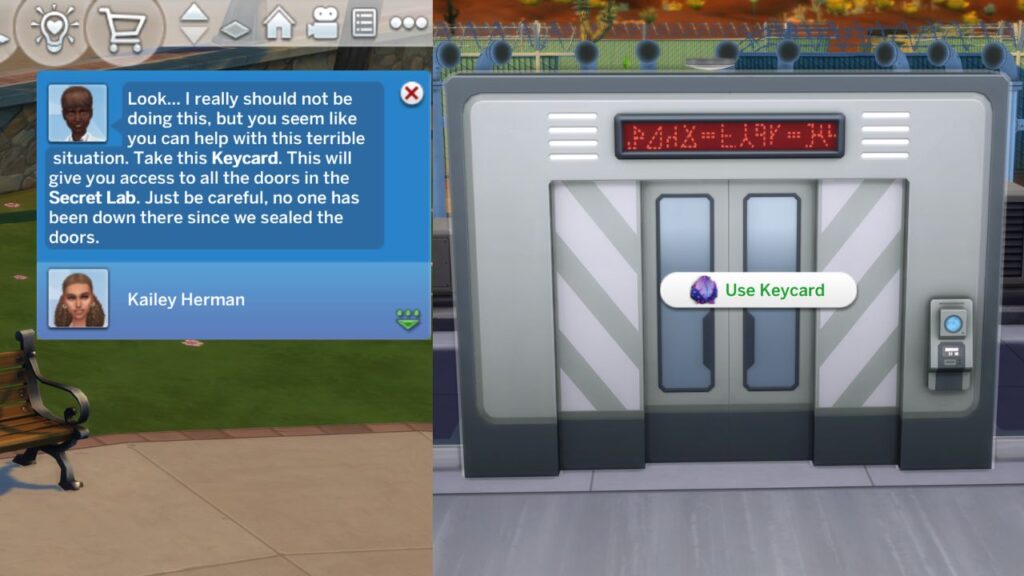 A screenshot from The Sims 4 showing the notification you get when a scientist gives you a keycard and the Use Keycard option on the door