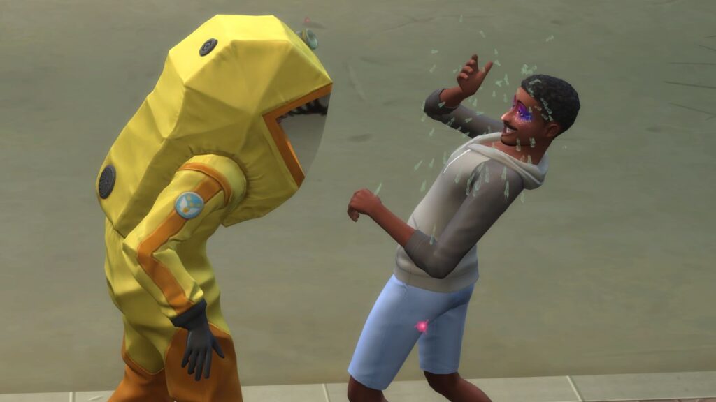 A screenshot from The Sims 4 showing a sim in a hazmat suit vaccination another sim 