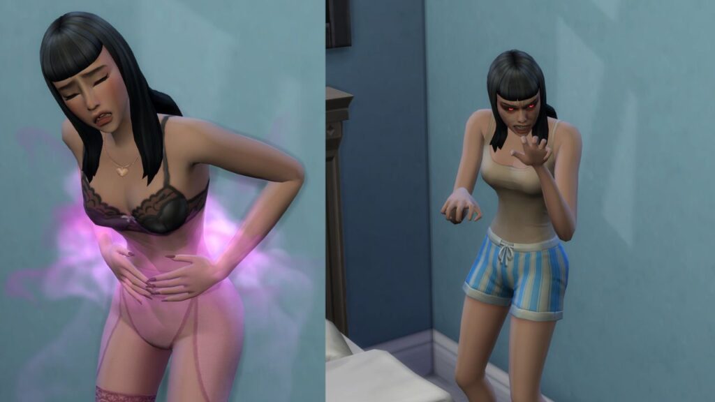 A screenshot from showing a sim before and after becoming a vampire