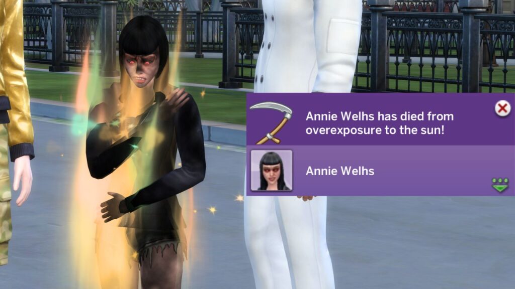 A screenshot from The Sims 4 showing a vampire dying from sun exposure 