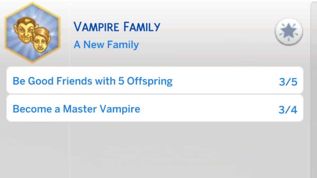 A screenshot from The Sims 4 showing the fourth level of the vampire family aspiration