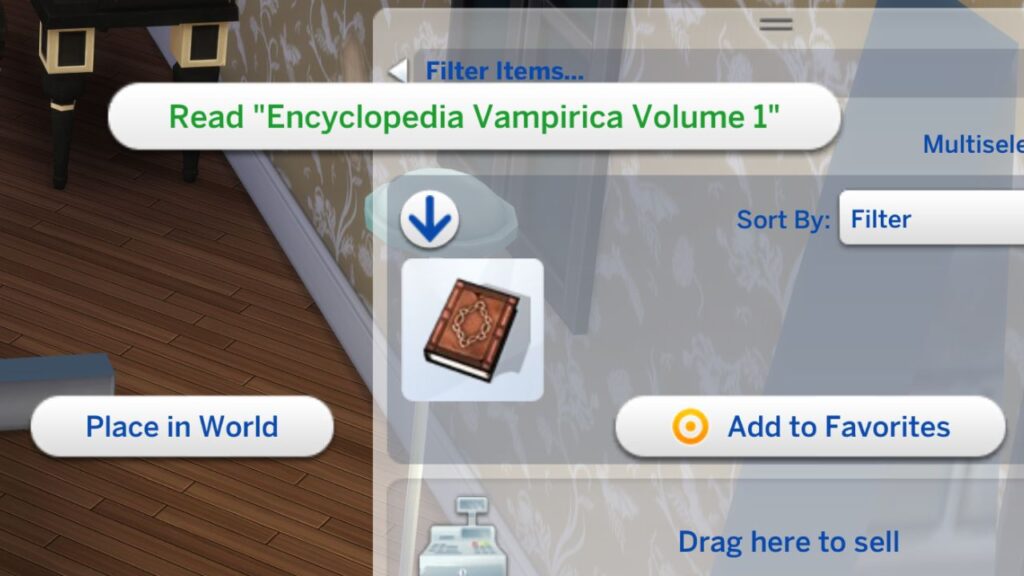 A screenshot from The Sims 4 showing the first vampire tome Encyclopedia Vampirica Volume 1 