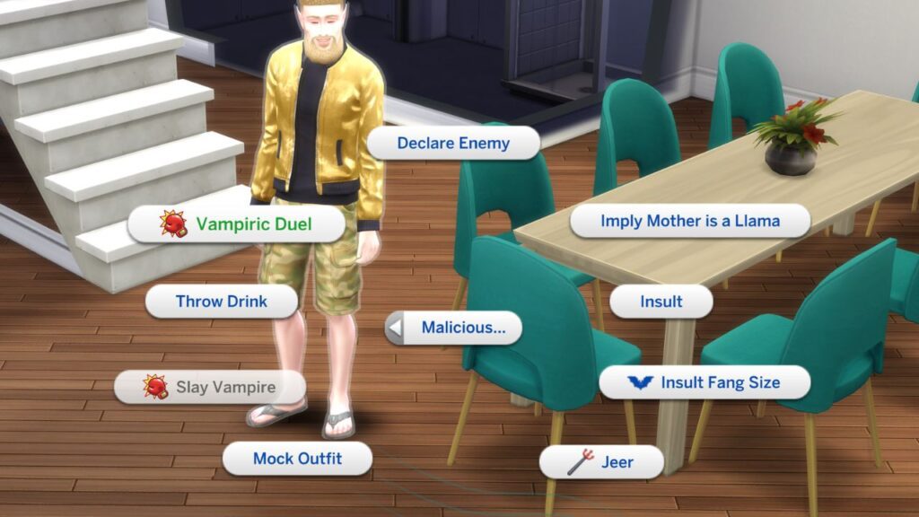 A screenshot from The Sims 4 showing the Vampiric Duel option with other vampires 