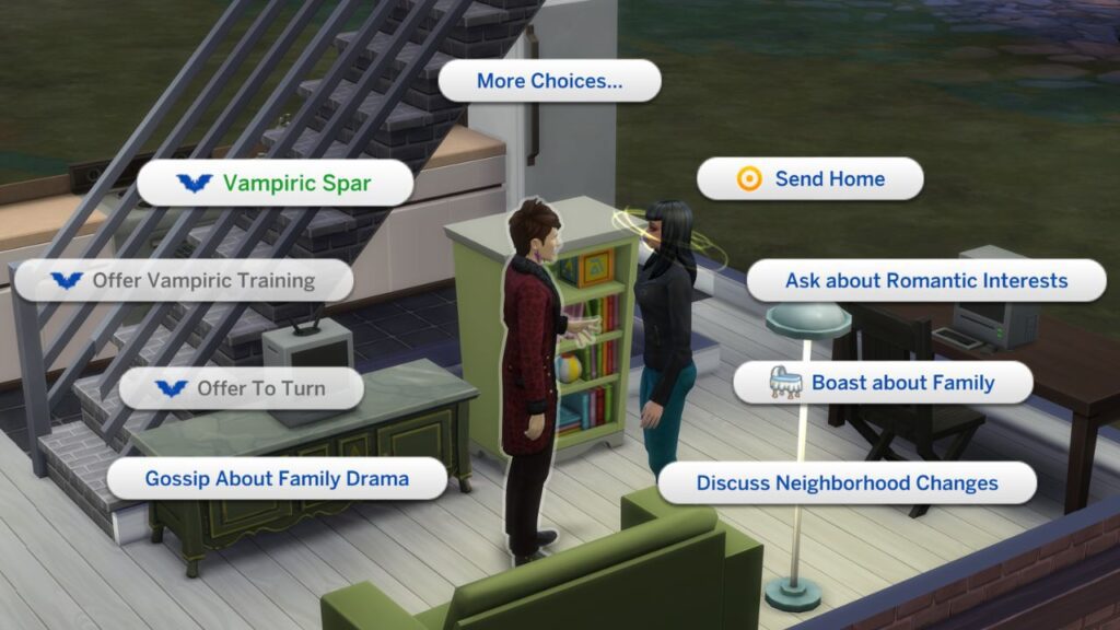 A screenshot from The Sims 4 showing how to do a vampiric spar with another sim