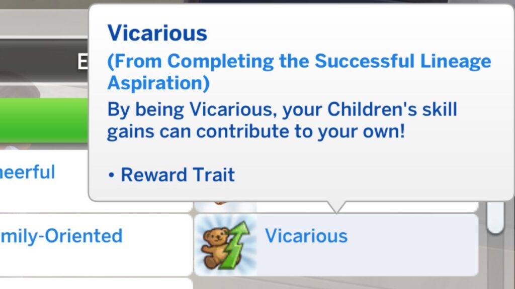 A screenshot from The Sims 4 showing the vicarious reward trait from the successful lineage aspiration