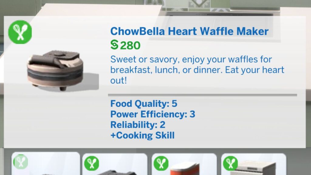 A screenshot from The Sims 4 showing the heart waffle maker you can purchase 