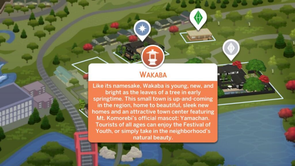 A screenshot from The Sims 4 showing the location of the Wakaba neighbourhood