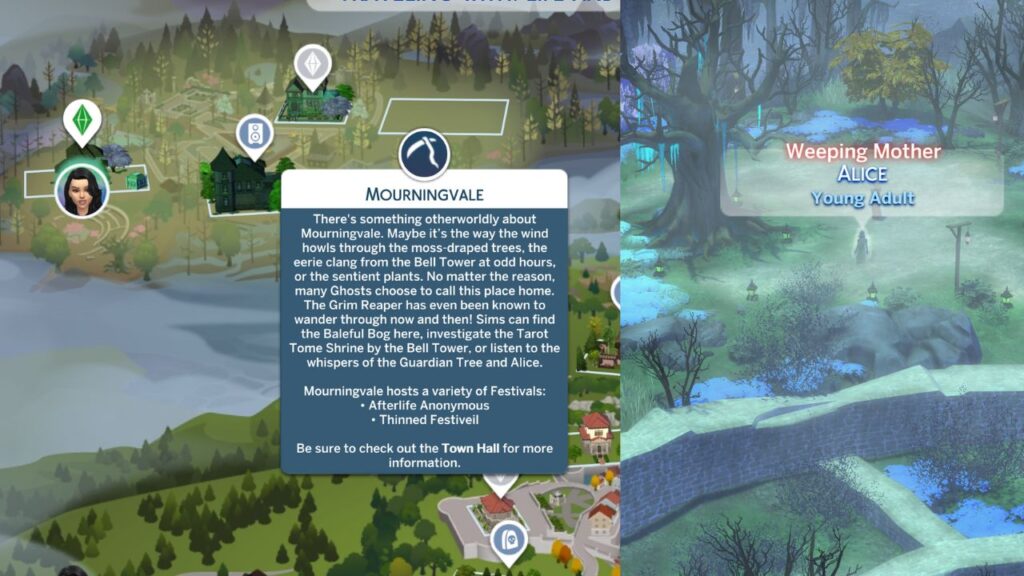 A screenshot from The Sims 4 showing where to find alice in mourningvale.