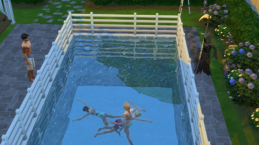 A screenshot from The Sims 4. On the left is a man standing. In the middle is three sims in a pool, two drowning. On the right is the grim reaper.