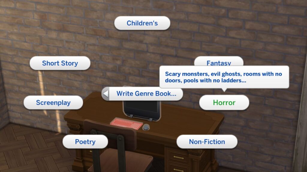 A screenshot from The Sims 4 showing the option to write horror books