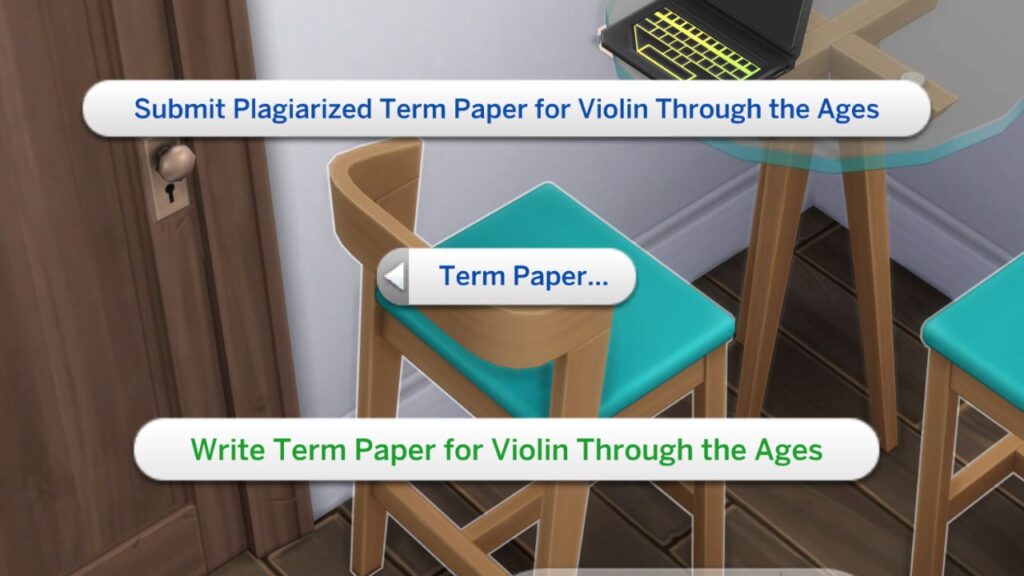 A screenshot from The Sims 4 showing how to write a term paper for University