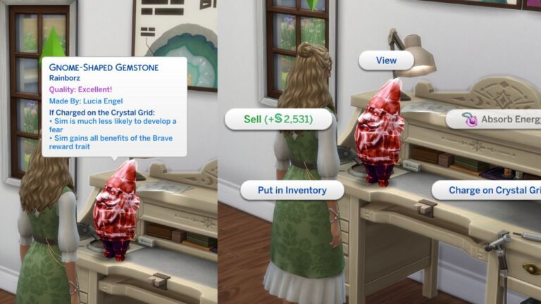 A screenshot from The Sims 4 showing a 2500 simoleon cut gemstone