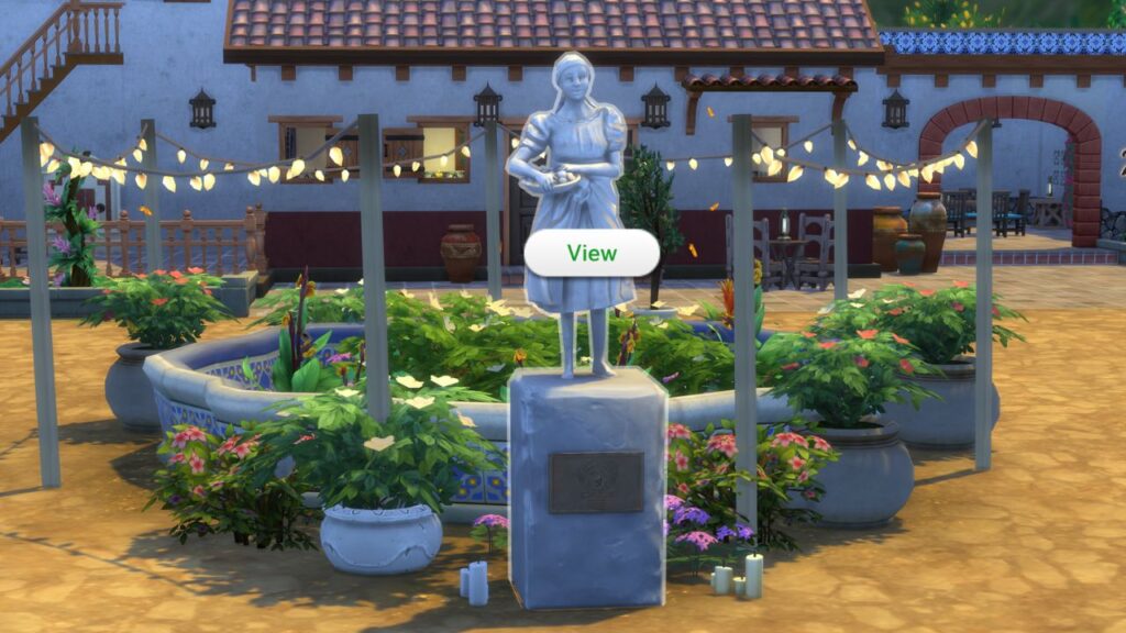 A screenshot from The Sims 4 showing the Statue of Madre Cosecha in Selvadorada