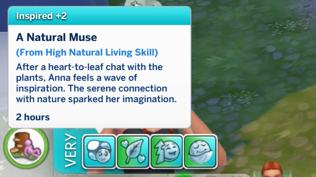 A screenshot from The Sims 4 showing the "a natural muse" moodlet