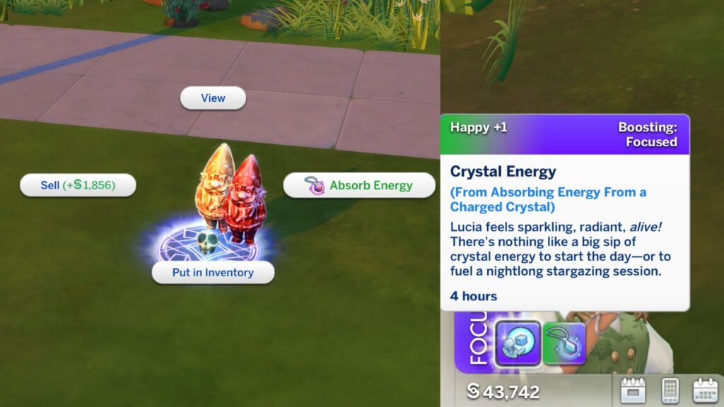 A screenshot from The Sims 4 showing the option for an attuned sim to absorb energy and the moodlet they get from it.