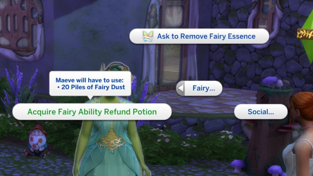 A screenshot from The Sims 4 showing the option to acquire fairy ability refund potion from mother nature