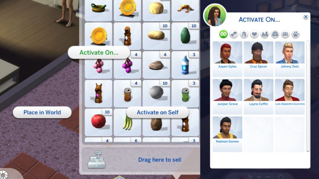 A screenshot from The Sims 4 showing the menu for using a relic on another sim 