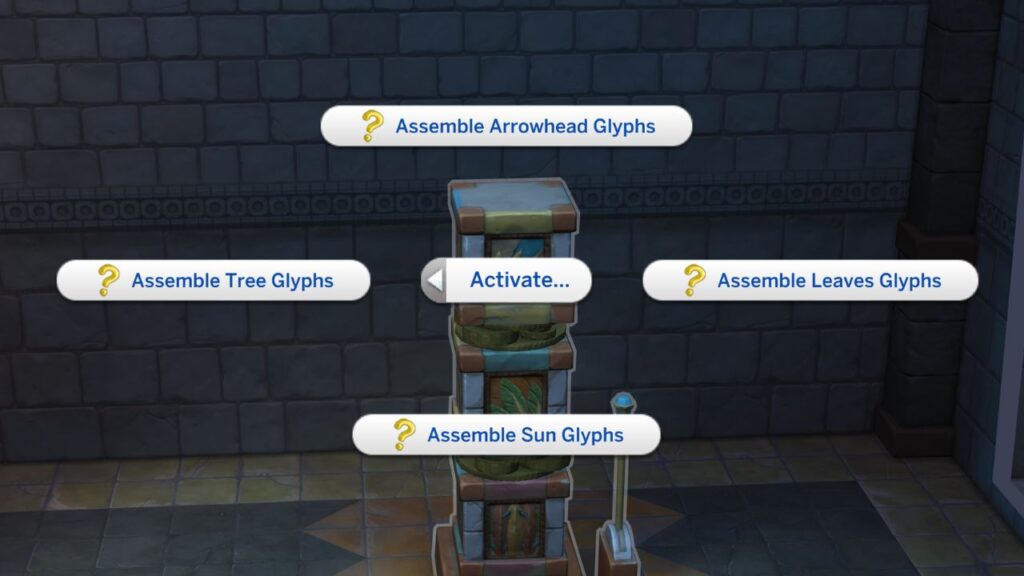 A screenshot from The Sims 4 showing the activate options with question marks before examining 