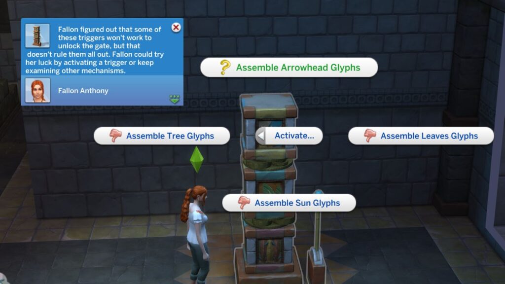 A screenshot from The Sims 4 showing the activate options after examining a trap 