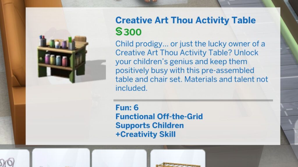 A screenshot from The Sims 4 showing the build mode listing for the creative art thou activity table