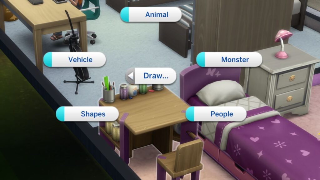 A screenshot from The Sims 4 showing the different types of drawing on an activity table
