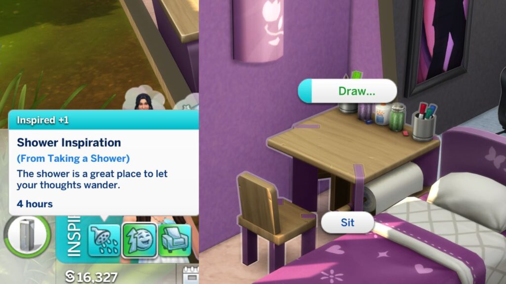 A screenshot from The Sims 4 showing how to get inspired with a thoughtful shower and draw on an activity table