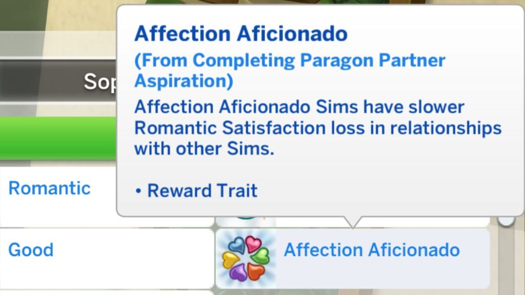 A screenshot from The Sims 4 showing the Affection Aficionado reward trait from the paragon partner aspiration 