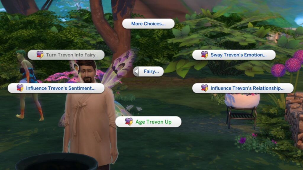 A screenshot from the sims 4 showing the fairy social menu with age up sim
